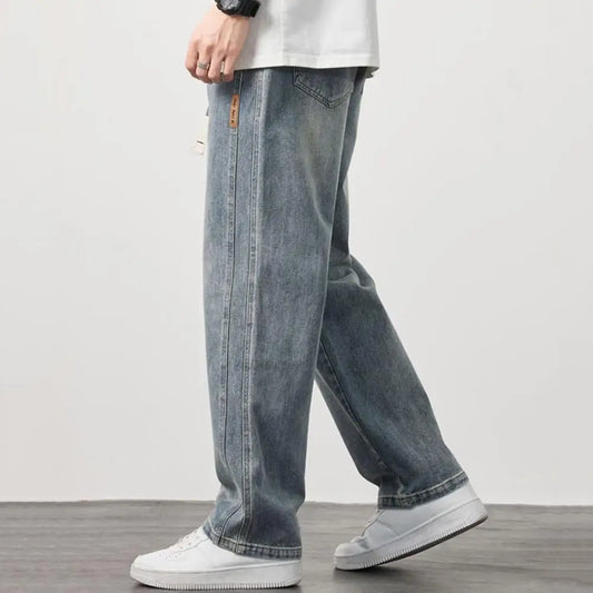 Jeans d'été Retro Plus, Size Hommes, Taille Elastique Ajustable par un Cordon de Traîne, Pantalon Denim Droit Jambes Larges,Jeans Casual.