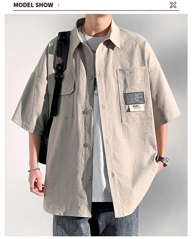 Chemises à manches courtes pour hommes pour l'été Chemises japonaises décontractées à col chemisier Chemises oversize à multiples poches de grande marque Chemises tendance pour hommes