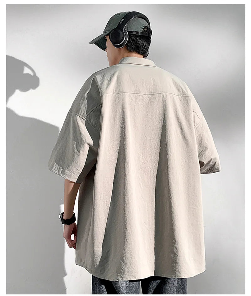Chemises à manches courtes pour hommes pour l'été Chemises japonaises décontractées à col chemisier Chemises oversize à multiples poches de grande marque Chemises tendance pour hommes