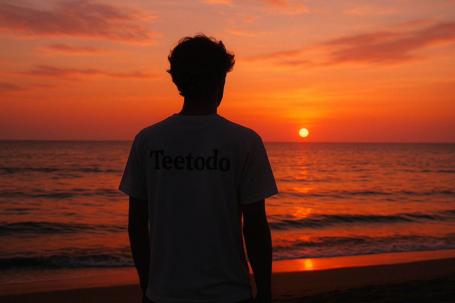 personnage au bord de mer avec un tee shirt blanc tee todo au coucher de soleil