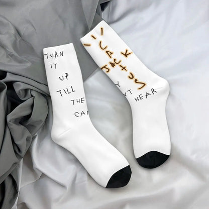Chaussettes montantes Travis Scott amusantes en polyester, mi-mollet, pour femmes et hommes