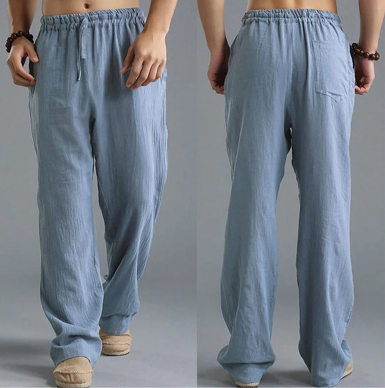 Pantalon droit décontracté en lin de couleur unie pour hommes, plus grande taille, respirant, confortable, avec cordon de serrage.