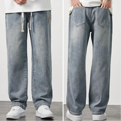 Jeans d'été Retro Plus, Size Hommes, Taille Elastique Ajustable par un Cordon de Traîne, Pantalon Denim Droit Jambes Larges,Jeans Casual.