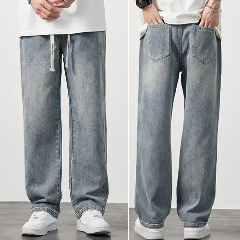 Jeans d'été Retro Plus, Size Hommes, Taille Elastique Ajustable par un Cordon de Traîne, Pantalon Denim Droit Jambes Larges,Jeans Casual.
