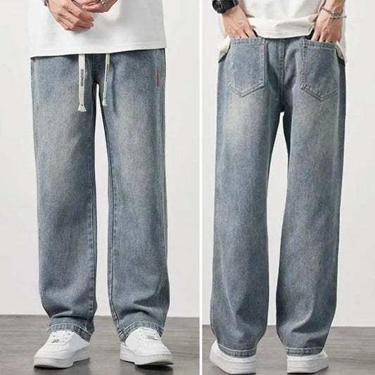 Jeans d'été Retro Plus, Size Hommes, Taille Elastique Ajustable par un Cordon de Traîne, Pantalon Denim Droit Jambes Larges,Jeans Casual.