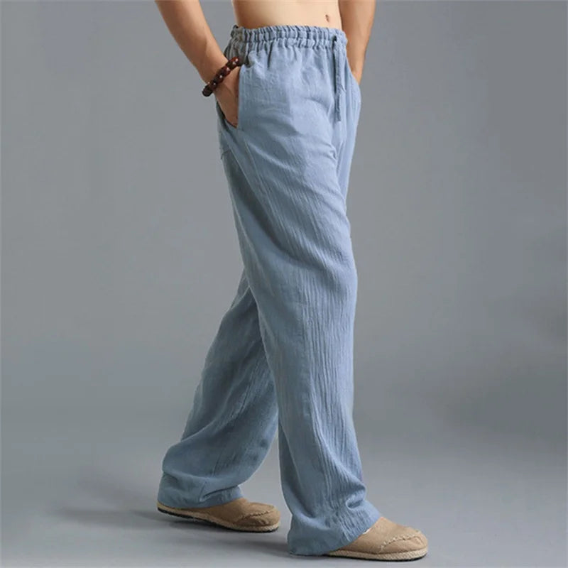 Pantalon droit décontracté en lin de couleur unie pour hommes, plus grande taille, respirant, confortable, avec cordon de serrage.