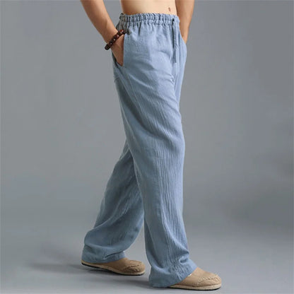 Pantalon droit décontracté en lin de couleur unie pour hommes, plus grande taille, respirant, confortable, avec cordon de serrage.