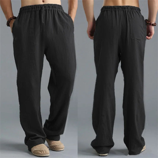 Pantalon droit décontracté en lin de couleur unie pour hommes, plus grande taille, respirant, confortable, avec cordon de serrage.