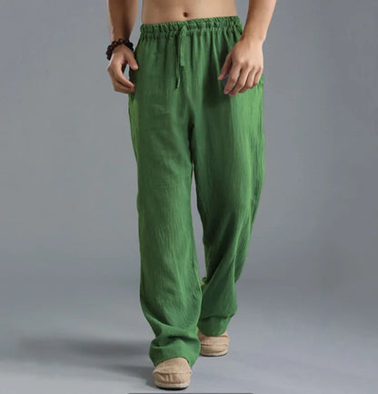 Pantalon droit décontracté en lin de couleur unie pour hommes, plus grande taille, respirant, confortable, avec cordon de serrage.
