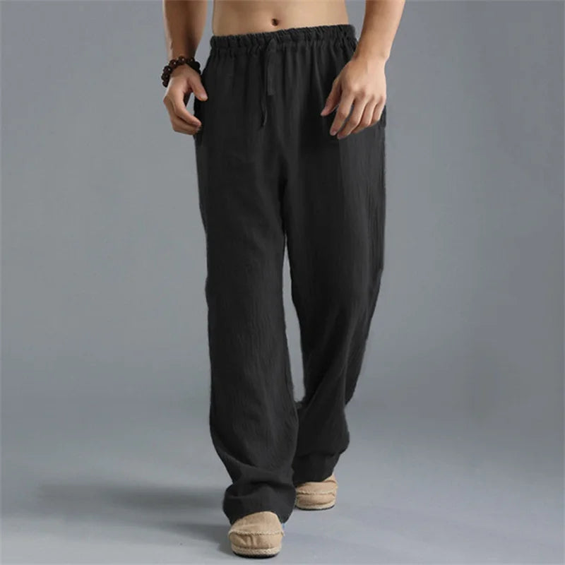 Pantalon droit décontracté en lin de couleur unie pour hommes, plus grande taille, respirant, confortable, avec cordon de serrage.