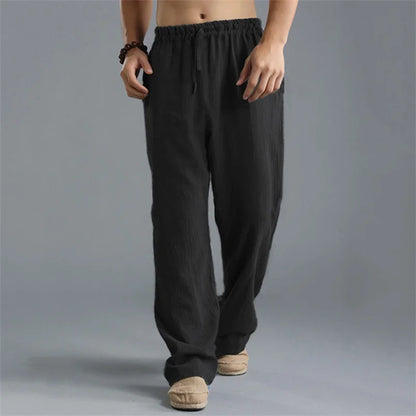 Pantalon droit décontracté en lin de couleur unie pour hommes, plus grande taille, respirant, confortable, avec cordon de serrage.