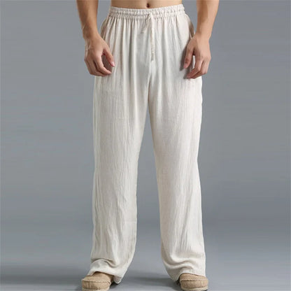 Pantalon droit décontracté en lin de couleur unie pour hommes, plus grande taille, respirant, confortable, avec cordon de serrage.