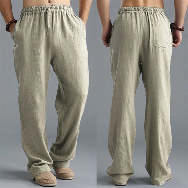 Pantalon droit décontracté en lin de couleur unie pour hommes, plus grande taille, respirant, confortable, avec cordon de serrage.