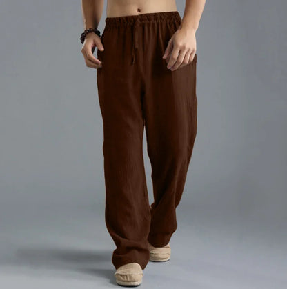 Pantalon droit décontracté en lin de couleur unie pour hommes, plus grande taille, respirant, confortable, avec cordon de serrage.