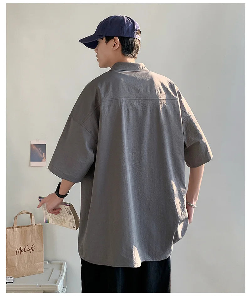 Chemises à manches courtes pour hommes pour l'été Chemises japonaises décontractées à col chemisier Chemises oversize à multiples poches de grande marque Chemises tendance pour hommes