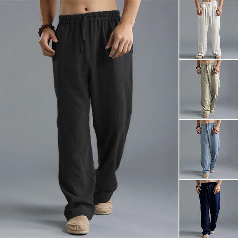 Pantalon droit décontracté en lin de couleur unie pour hommes, plus grande taille, respirant, confortable, avec cordon de serrage.