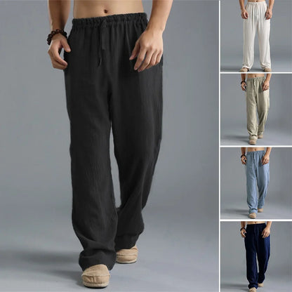 Pantalon droit décontracté en lin de couleur unie pour hommes, plus grande taille, respirant, confortable, avec cordon de serrage.