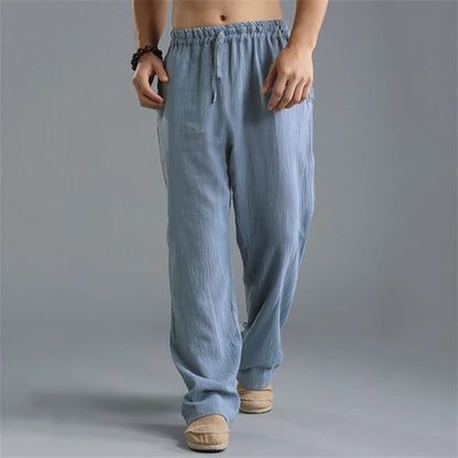 Pantalon droit décontracté en lin de couleur unie pour hommes, plus grande taille, respirant, confortable, avec cordon de serrage.