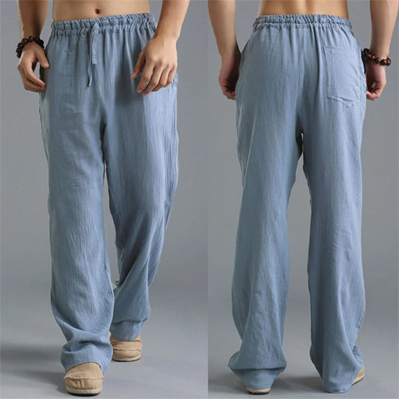 Pantalon droit décontracté en lin de couleur unie pour hommes, plus grande taille, respirant, confortable, avec cordon de serrage.