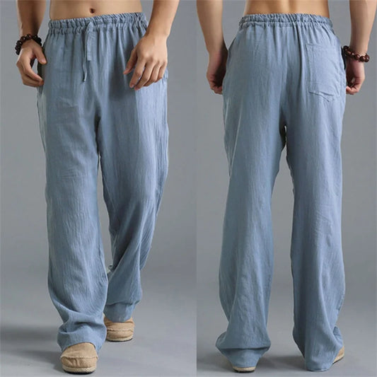 Pantalon droit décontracté en lin de couleur unie pour hommes, plus grande taille, respirant, confortable, avec cordon de serrage.