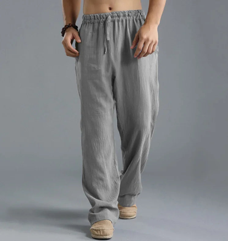 Pantalon droit décontracté en lin de couleur unie pour hommes, plus grande taille, respirant, confortable, avec cordon de serrage.