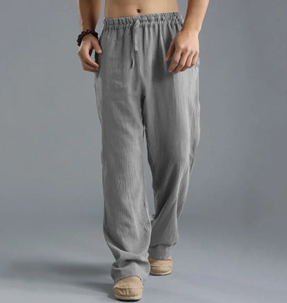 Pantalon droit décontracté en lin de couleur unie pour hommes, plus grande taille, respirant, confortable, avec cordon de serrage.
