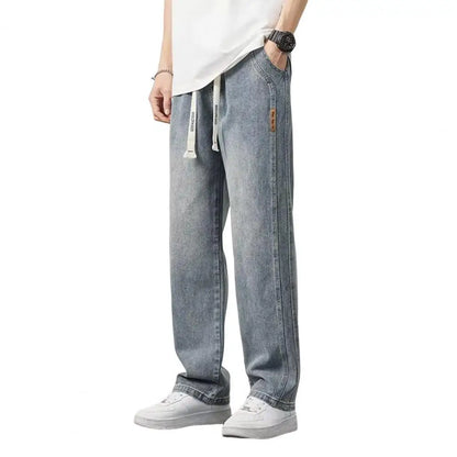 Jeans d'été Retro Plus, Size Hommes, Taille Elastique Ajustable par un Cordon de Traîne, Pantalon Denim Droit Jambes Larges,Jeans Casual.