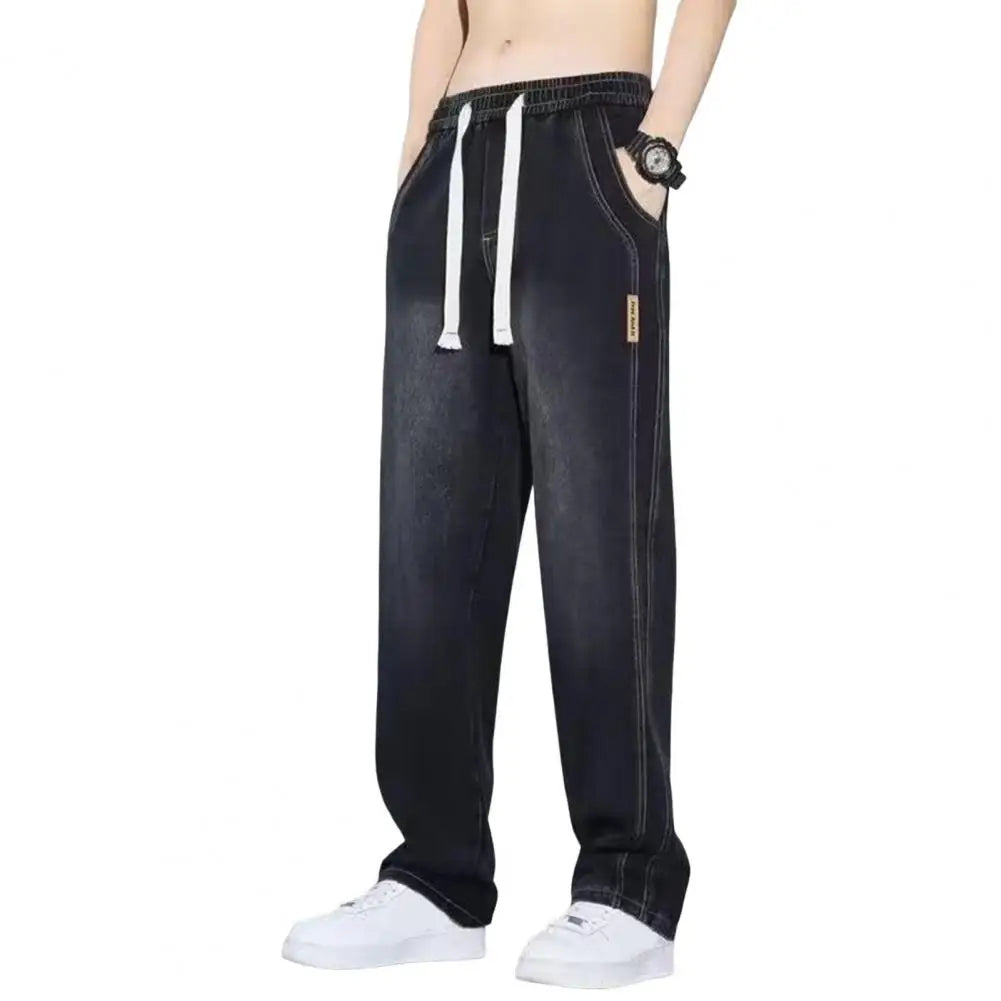 Jeans d'été Retro Plus, Size Hommes, Taille Elastique Ajustable par un Cordon de Traîne, Pantalon Denim Droit Jambes Larges,Jeans Casual.