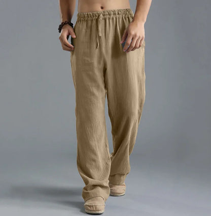 Pantalon droit décontracté en lin de couleur unie pour hommes, plus grande taille, respirant, confortable, avec cordon de serrage.