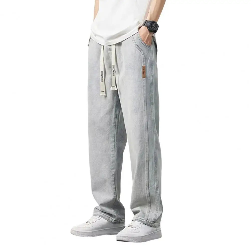 Jeans d'été Retro Plus, Size Hommes, Taille Elastique Ajustable par un Cordon de Traîne, Pantalon Denim Droit Jambes Larges,Jeans Casual.
