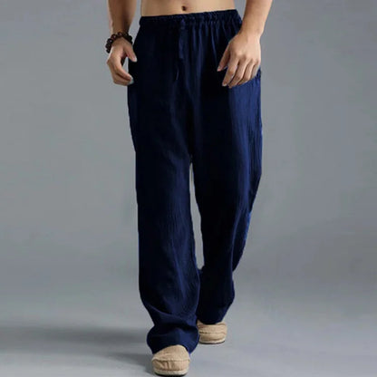 Pantalon droit décontracté en lin de couleur unie pour hommes, plus grande taille, respirant, confortable, avec cordon de serrage.