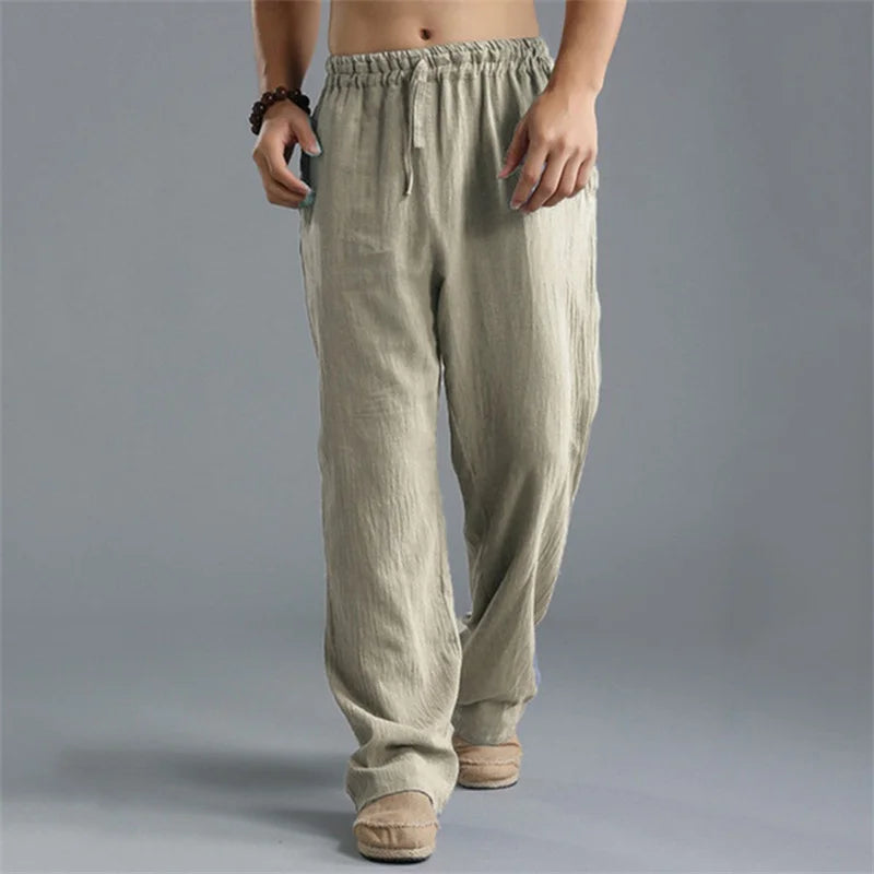 Pantalon droit décontracté en lin de couleur unie pour hommes, plus grande taille, respirant, confortable, avec cordon de serrage.